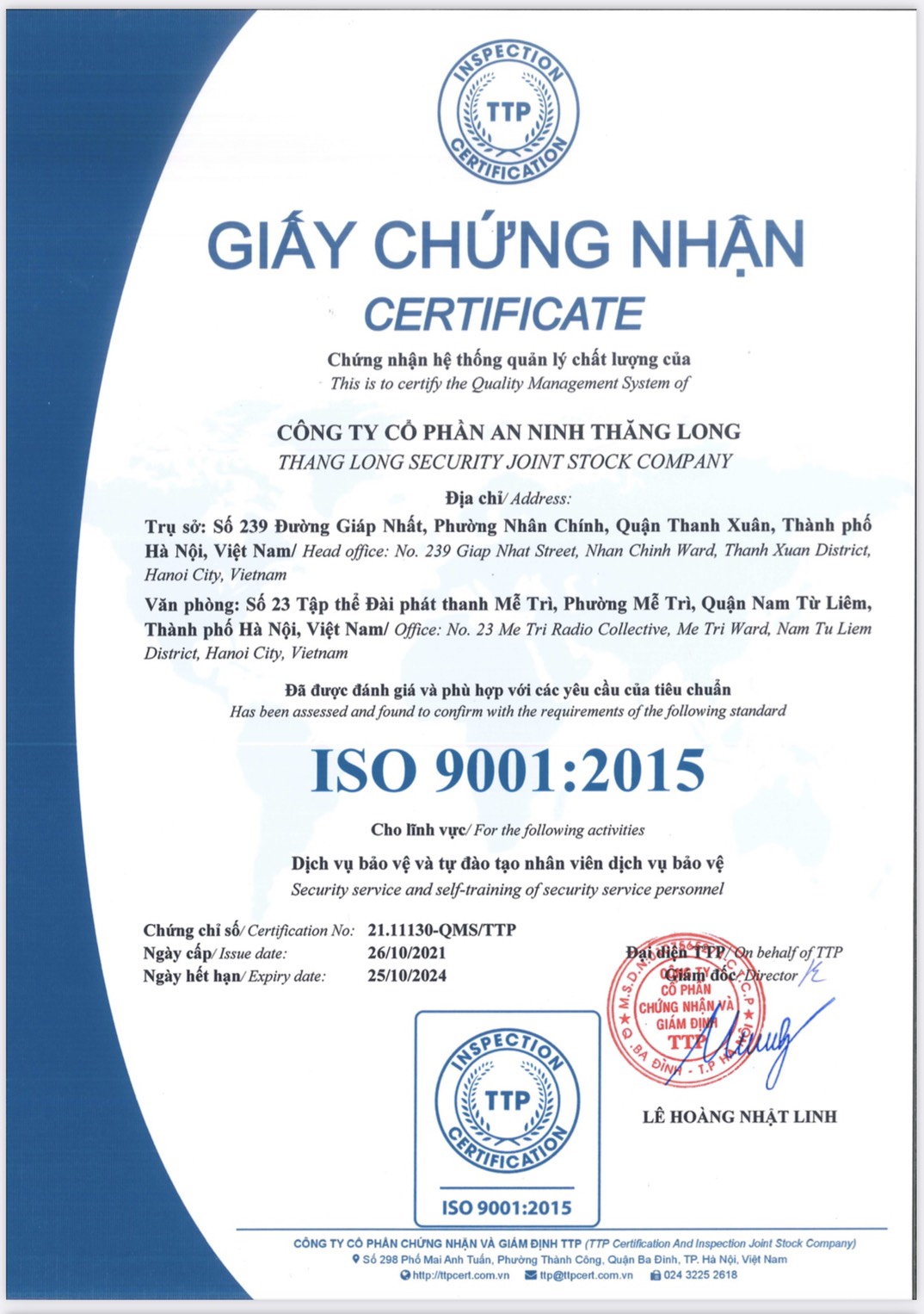 AN NINH THĂNG LONG ĐÓN NHẬN GIẤY CHỨNG NHẬN HỆ THỐNG QUẢN LÝ CHẤT LƯỢNG ISO 9001:2015 CHO LĨNH VƯC : DỊCH VỤ BẢO VỆ VÀ TỰ ĐÀO TẠO NHÂN VIÊN DỊCH VỤ BẢO VỆ.